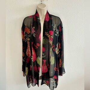Harari 100% Silk Duster Kimono Cardigan Black Sheer Floral Flowy 90s One Size